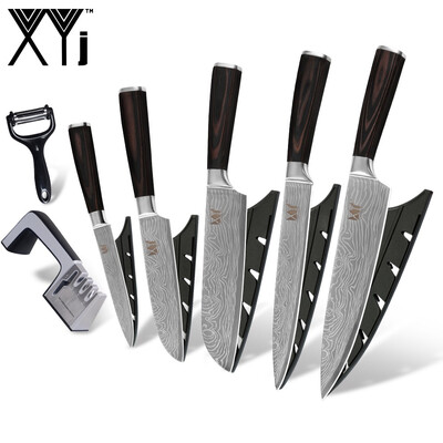

XYj Kitchen Cooking Knife Set Damascus Pattern Blade Color Wood Handle Knife with Knife Sharpener Black Peeler