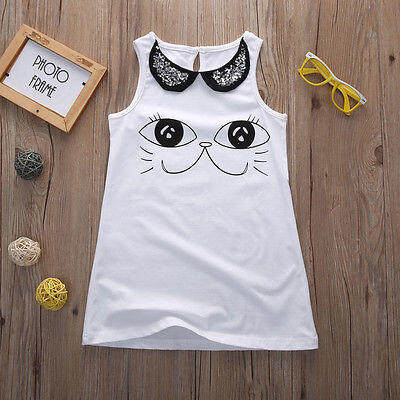 

Lovely Baby Kids Summer Dress White Sleeveless Cat Girls Dress Skirts Clothes