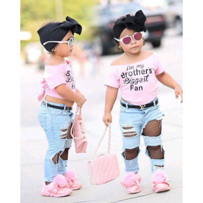 

Kids Baby Girl Brother T shirt TopsMesh Jeans 2pcs Outfits Set Clothes AU Stock