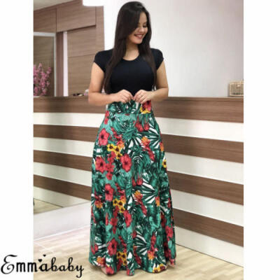 

AU Womens Floral Long Maxi Dress Short Sleeve Evening Party Summer Beach Dress