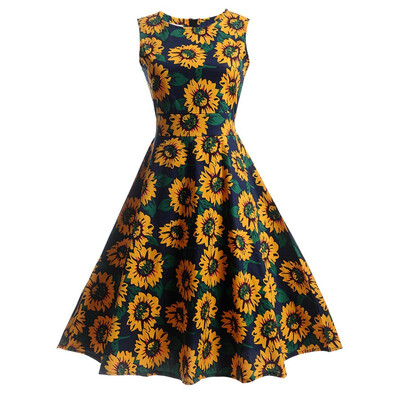 

Women Floral Sleeveless A Line Dress Vintage Cotton Polyester Dress Round Collar Sleeveless Dresses