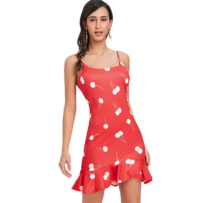

Spagrtti Strap Cherry Print Flounce Mini Dress