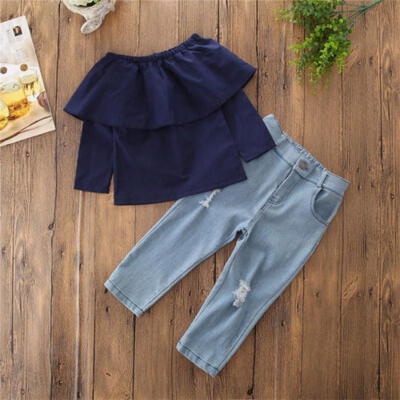 

Toddler Kids Baby Girls Off Shoulder Tops Jeans Pants 2PCS Outfits Clothes