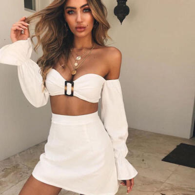 

Fashion Summer 2pcs Solid Off Shoulder Sexy Ladies Maxi Dress Crop Tops Set