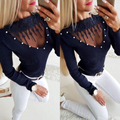 

Women Fashion Lace T Shirt Long Sleeve Patchwork Slim Blouse Ladies Casual Tops