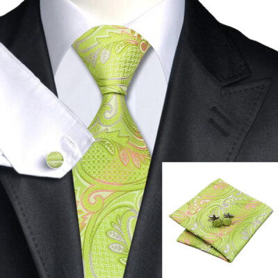 

N-0411 Vogue Men Silk Tie Set Green Paisley Necktie Handkerchief Cufflinks Set Ties For Men Formal Wedding Business wholesale