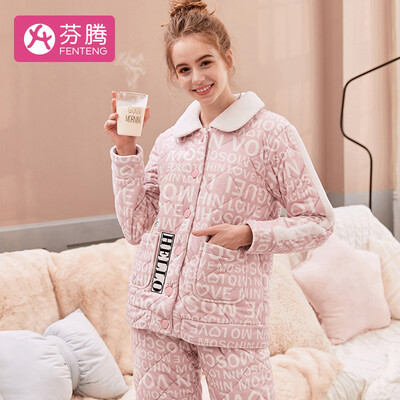 

Fen Teng plus velvet quilted 2018 autumn&winter new English plush lapel casual cardigan long-sleeved pajamas ladies home service ladies quilted pajamas J98950087 light pink L
