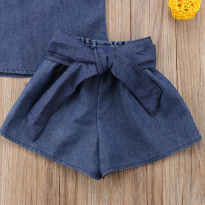 

UK Toddler Kids Baby Girl Solid Denim Ruffle Tops Shirt Pants Outfits Clothes