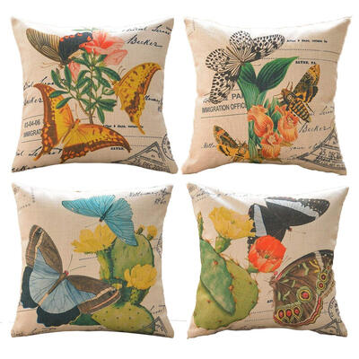 

UpperX 4Pcs Couch Pillow Cases Decorative Cushion Covers Shams for SofaBench 18x18 inch Butterfly & Flowers Series Cotton Linen