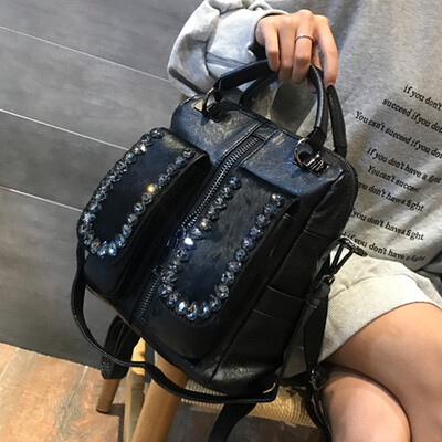 

Fashion Preppy Style Multifunction Backpack PU Leather Horse Hair Women Fur Shoulder Bag Diamond Travel School Bags Teens Girls