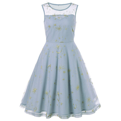 

Retro Moon Stars Embroidered Mesh Insert Dress