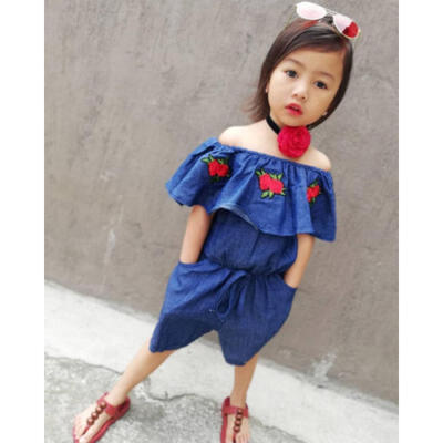 

Baby Girls Embroidered Flowers Outfits Kids Summer Tank TopsDenim Shorts Set