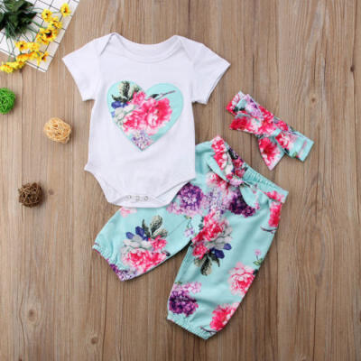 

Newborn Baby Girl Top Romper Pants Headband Bodysuit Sunsuit Outfits Clothes