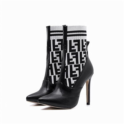

Fashion Womens High-heeled Slip-On Stretch Fabric Concise Pointed Toe Woman Boot Black Brown