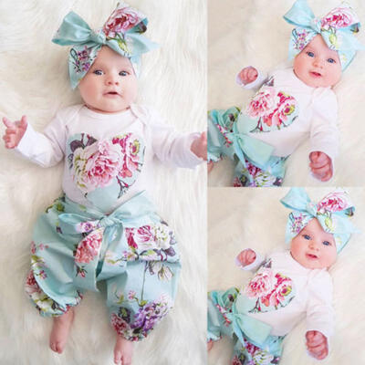 

3Pcs Newborn Baby Girl Floral Top Romper Pants Headband Outfits Clothes US Stock
