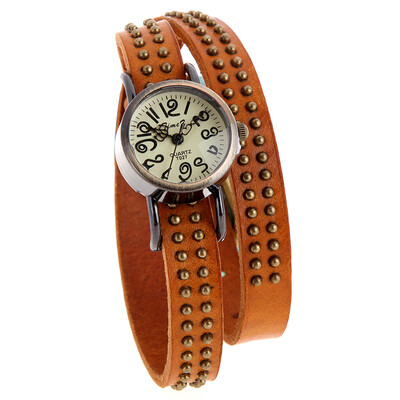 

Vintage Quartz Wrist Watch Rivets Round Bronze Wrap Strap Bracelet Genuine Cow Leather H9359