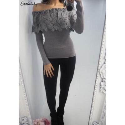 

AU Women Ruffle Frill Off Shoulder Long Sleeve Lace Slim Tops Blouse Casual Tops