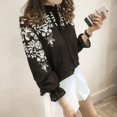 

US Stock Women Long Sleeve Embroidery Blouse Shirt Korean Flower Top Fresh Shirt