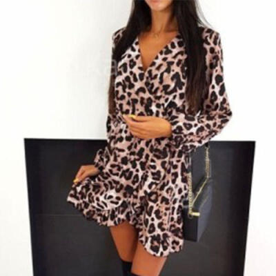 

US Women Long Sleeve Leopard Printed Short Mini Dress Cocktail Party Wrap Dress