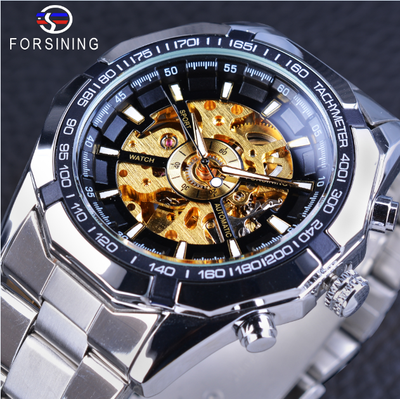 

Forsining Sport Racing Series Skeleton Stainless Steel Black Golden Dial Top Brand Luxury Watches Men Automatic Watch Clock Men