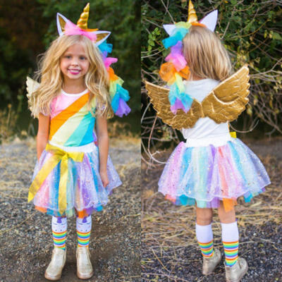 

USA Unicorn Kids Baby Girl TopsTutu Skirt Party Dress Clothes Outfit Halloween