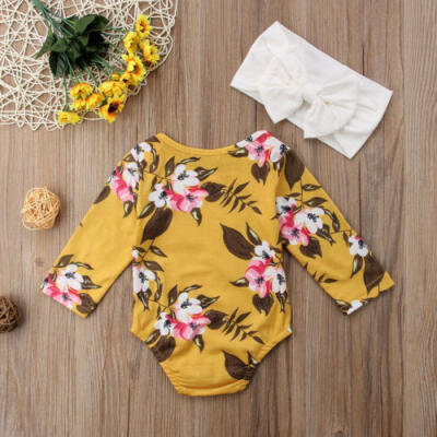 

UK Newborn Baby Girl Long Sleeve Romper Floral JumpsuitHeadband Cotton Clothes