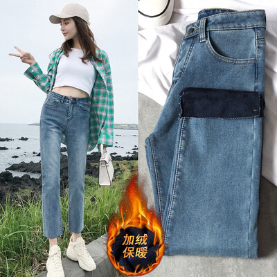 

Jeans women 2018 autumn&winter Korean version with fleecy thickened warm gangfeng slim straight trousers N0008