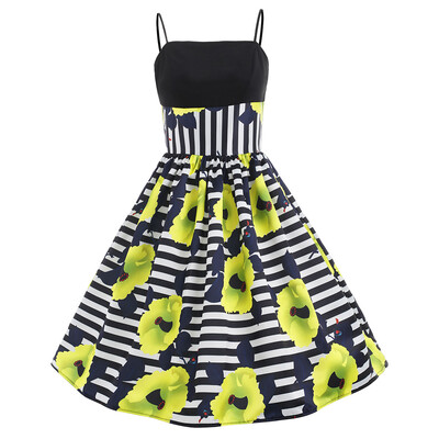 

Vintage Striped Floral Print Flare Dress
