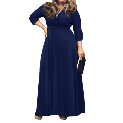 

New Fashion Women Dress Stretch Wrap V Neck Three Quarter Sleeve Maxi Plus Size Casual One-piece