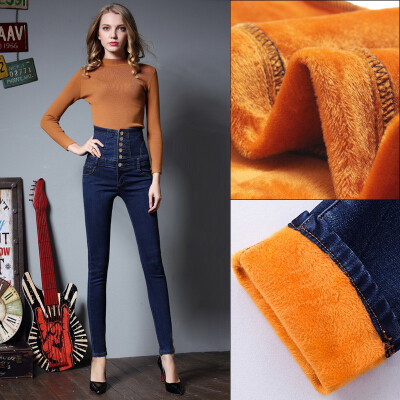 

2018 winter womens wear new super size high-waisted&fleece jeans womens slimming&thickening tights long pants
