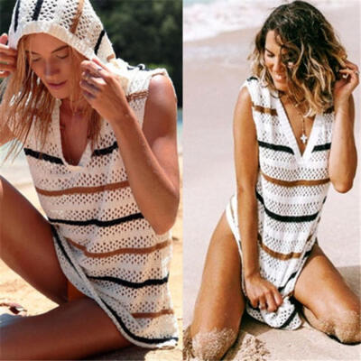 

WOMENS HOODED CROCHET BIKINI BEACHWEAR COVER UP BEACH DRESS SUMMER BATHING SUIT