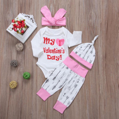 

Newborn Baby Girl Cotton Romper Bodysuit Arrow Pants Hat Headband Outfits Set