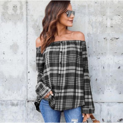 

Womens Off Shoulder Plaid Tops Long Sleeve Shirt Casual Blouse Loose T-shirt