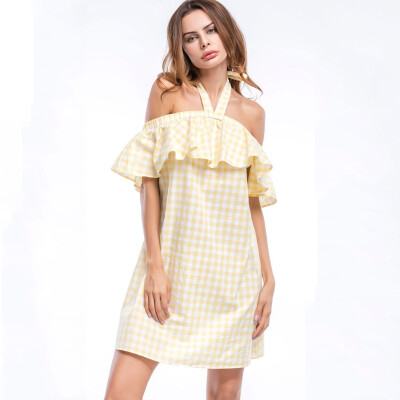 

Yellow Halter Strap Backless Beach Casual Dress Plaid Sexy Off Shoulder Dress Summer Women Party Mini Straight Dress