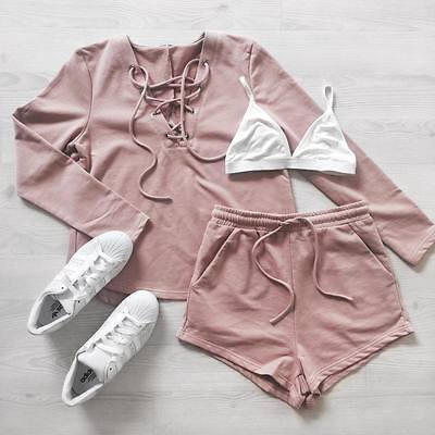 

Women 2Pcs Tracksuit Lace Up V Neck Hoodies Sweatshirt Pants Set Sport Wear Suit
