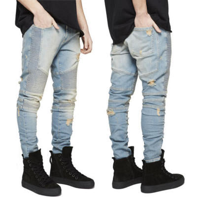 

Mens Ripped Skinny Biker Jeans Distressed Frayed Slim Fit Denim Pants USA