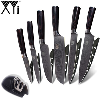 

XYj Stainless Steel Knife Imitation Damascus Pattern Blade Kitchen Knives With Knife Sharpener