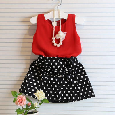 

Chiffon Girls Kids Toddler Sleeveless Tops Bow Dot Skirt Dress Outfits Set 2-7Y