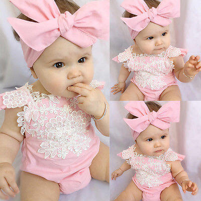 

Newborn Baby Girl Rompers Bodysuit Lace Floral Jumpsuit Headband Outfits Sunsuit