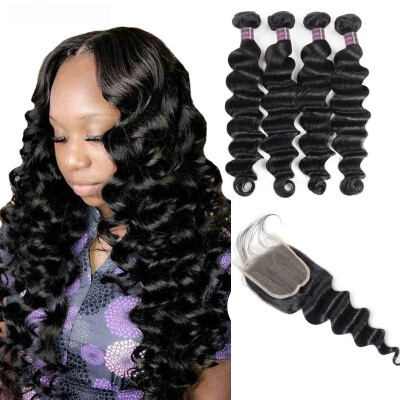 

Brazilian Remy Human Hair Weave Deep Loose Hair 4pcs Bundles with Closure Virgin Cheap Extensions