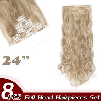 

17" Curly Hair Full Head Clip in Hair Extensions Synthetic 8 Piece 18 Clips Hairpiece Long Wave Trendy Design for Women