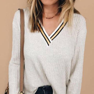 

US Women Casual Tops Shirt Loose Fashion V-Neck Blouse Cotton Blouse Long Sleeve