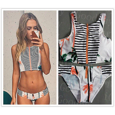 

Print Palm Tree Women Bikini High Neck Tank Zipper Design Top Striped Swimsuit W