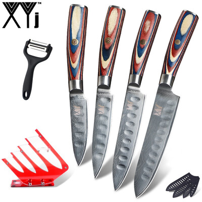 

XYj Damascus Steel Knives Set Red Knife Stand Peeler Color Wood Handle Chef Knife Tools