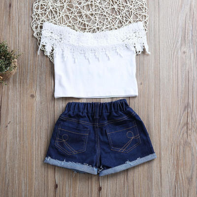 

2017 Toddler Kids Baby Girls Lace Tops Denim Pants Shorts Outfits Clothes Set