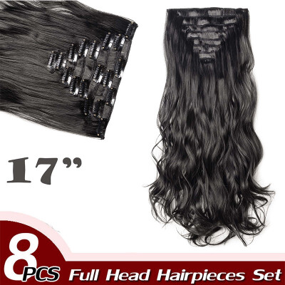 

17" Curly Hair Full Head Clip in Hair Extensions Synthetic 8 Piece 18 Clips Hairpiece Long Wave Trendy Design for Women