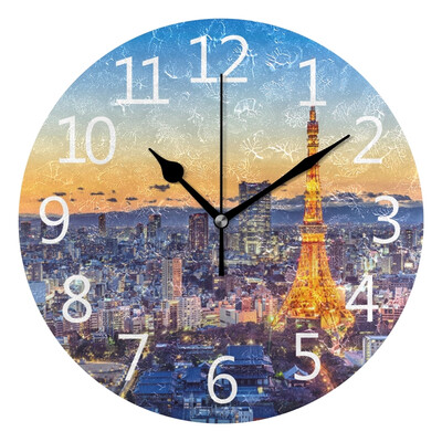 

Wall Clock Arabic Numerals Design Tokyo Japan City Skyline Round