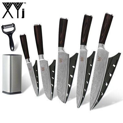 

XYj Kitchen Cooking Knife Set Damascus Pattern Blade Color Wood Handle Knife with Knife Holder Black Peeler kitchen Tool