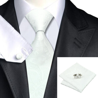 

N-0393 Vogue Men Silk Tie Set White Paisley Necktie Handkerchief Cufflinks Set Ties For Men Formal Wedding Business wholesale