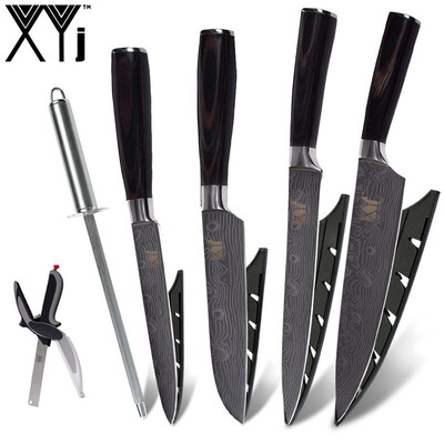 

XYj Kitchen Knives 5" 5" 8" 8" inch Damascus Veins Blade Stainless Steel Knife And Kitchen Scissor Knife Sharpener Bar